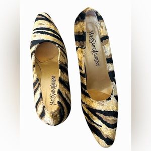 YSL Women’s Block Heel Tiger Print Velvet Pump Shoe Sz 8 Narrow Italy Leather